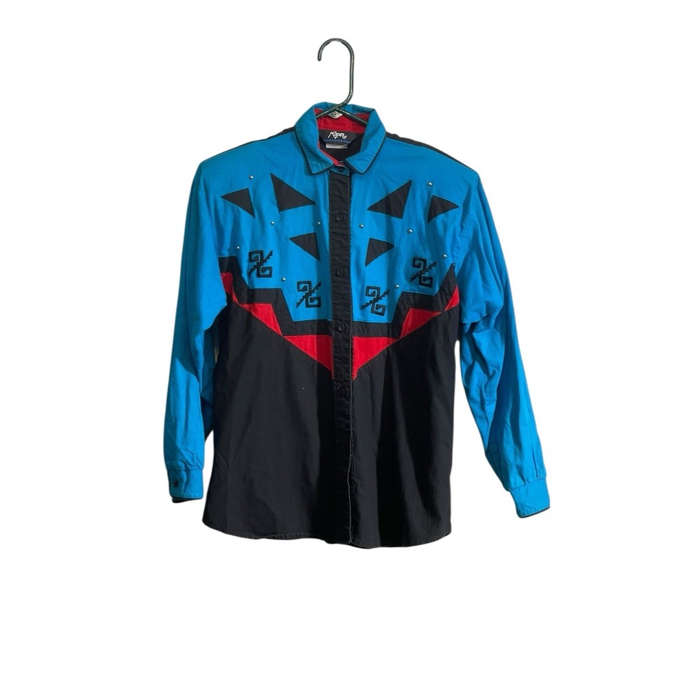 VINTAGE 90's Roper Women Button Up Shirt SMALL Teal Geometric Western Aztec